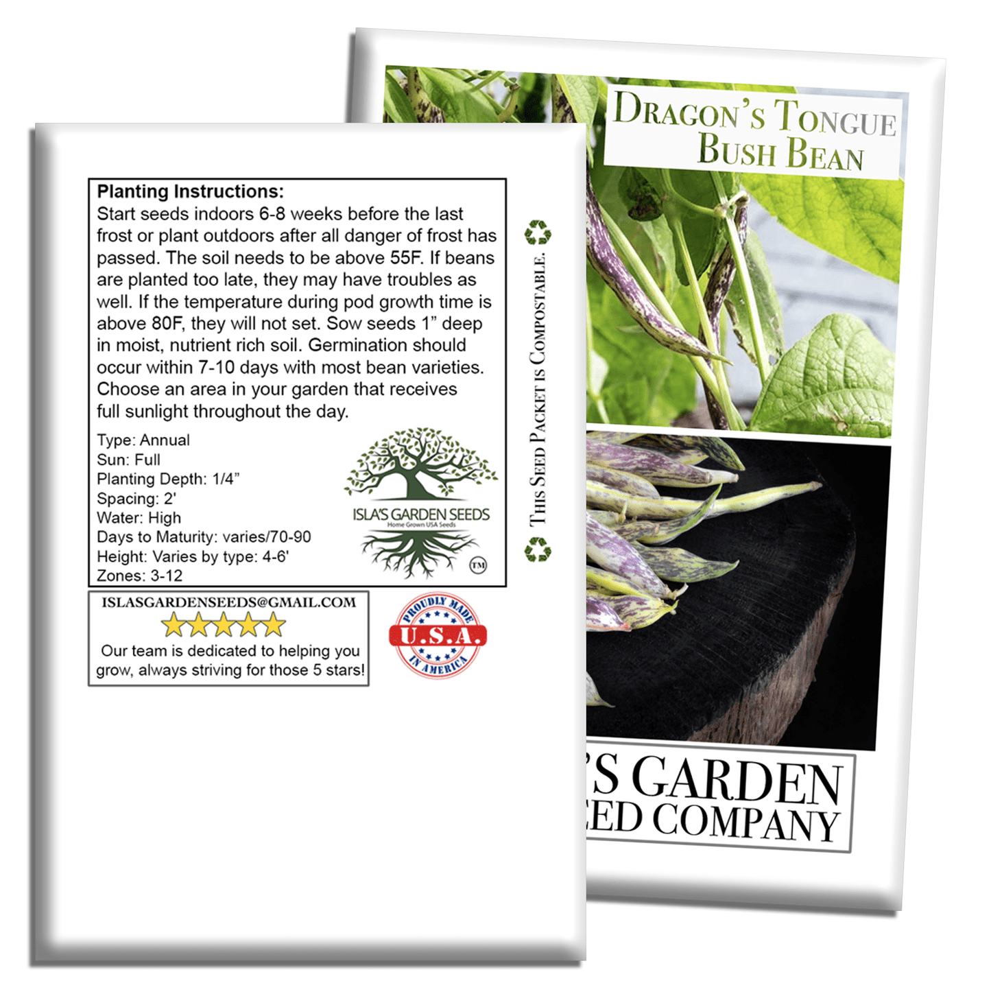 Dragon's Tongue Bush Bean Dragon Langerie , 25 Heirloom Seeds Per Packet, Non GMO Seeds