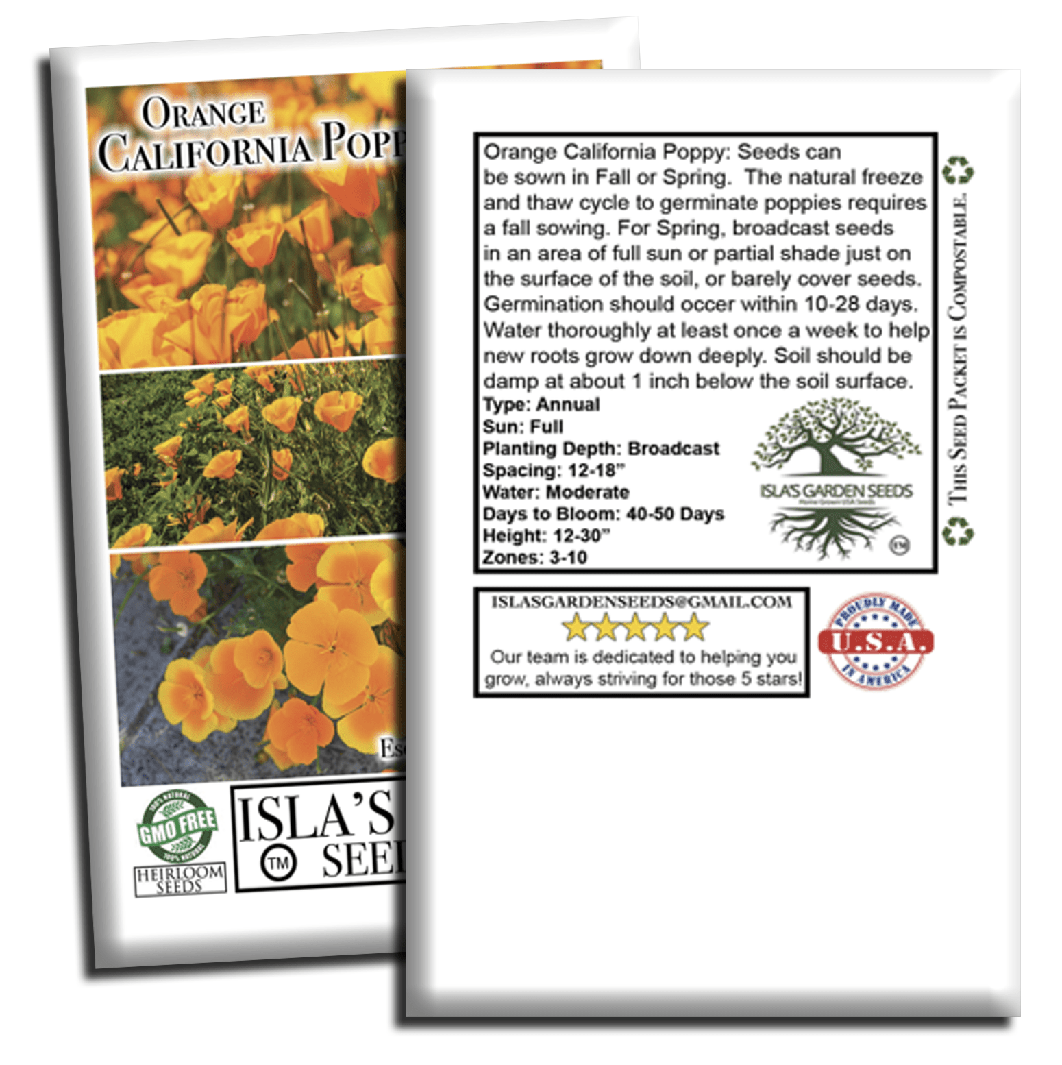 Orange California Poppy Seeds – 1500 Seeds/PK, Non-GMO Heirloom Wildflowers