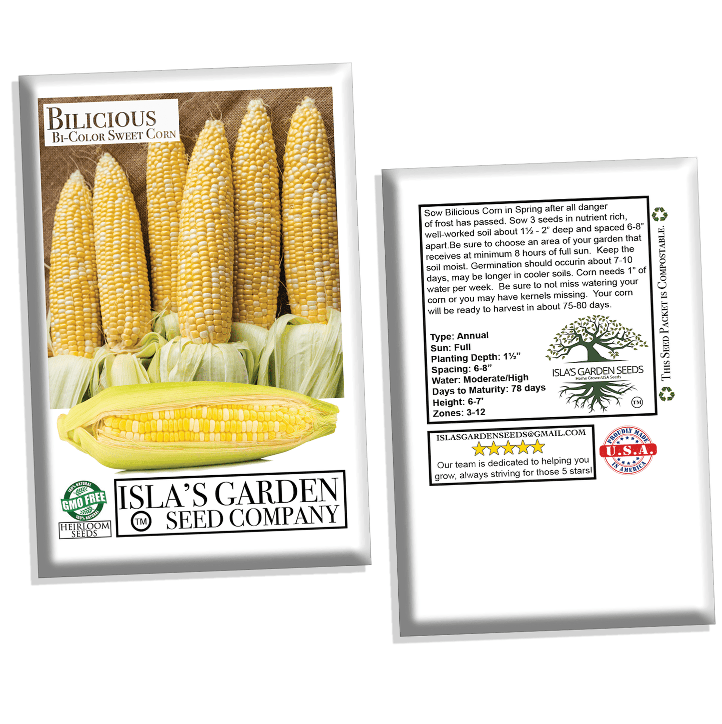 Bi-Color "Bilicious" Sweet Corn Seeds for Planting, 50+ Heirloom Seeds Per Packet, Non GMO Seeds, Botanical Name: Zea Mays