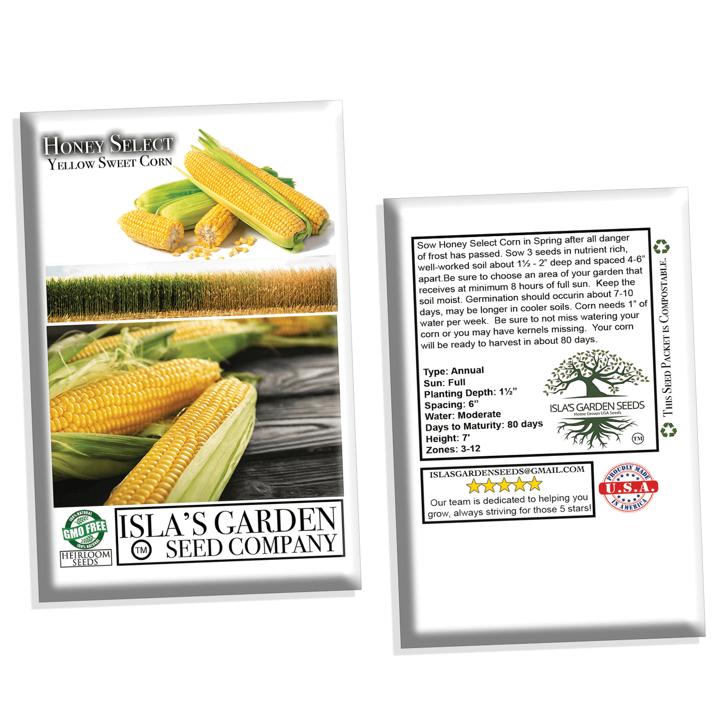 Honey Select Yellow Sweet Corn Seeds for Planting, 50+ Heirloom Seeds Per Packet, Non GMO Seeds, Botanical Name: Zea Mays