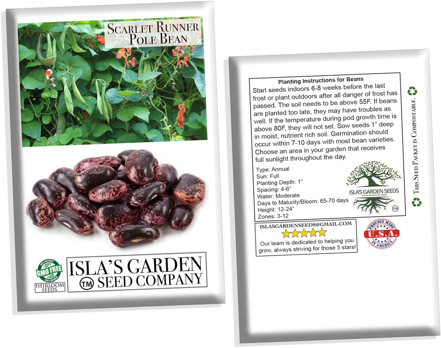 Scarlet Runner Pole Bean, 25 Heirloom Seeds Per Packet, Non GMO Seeds