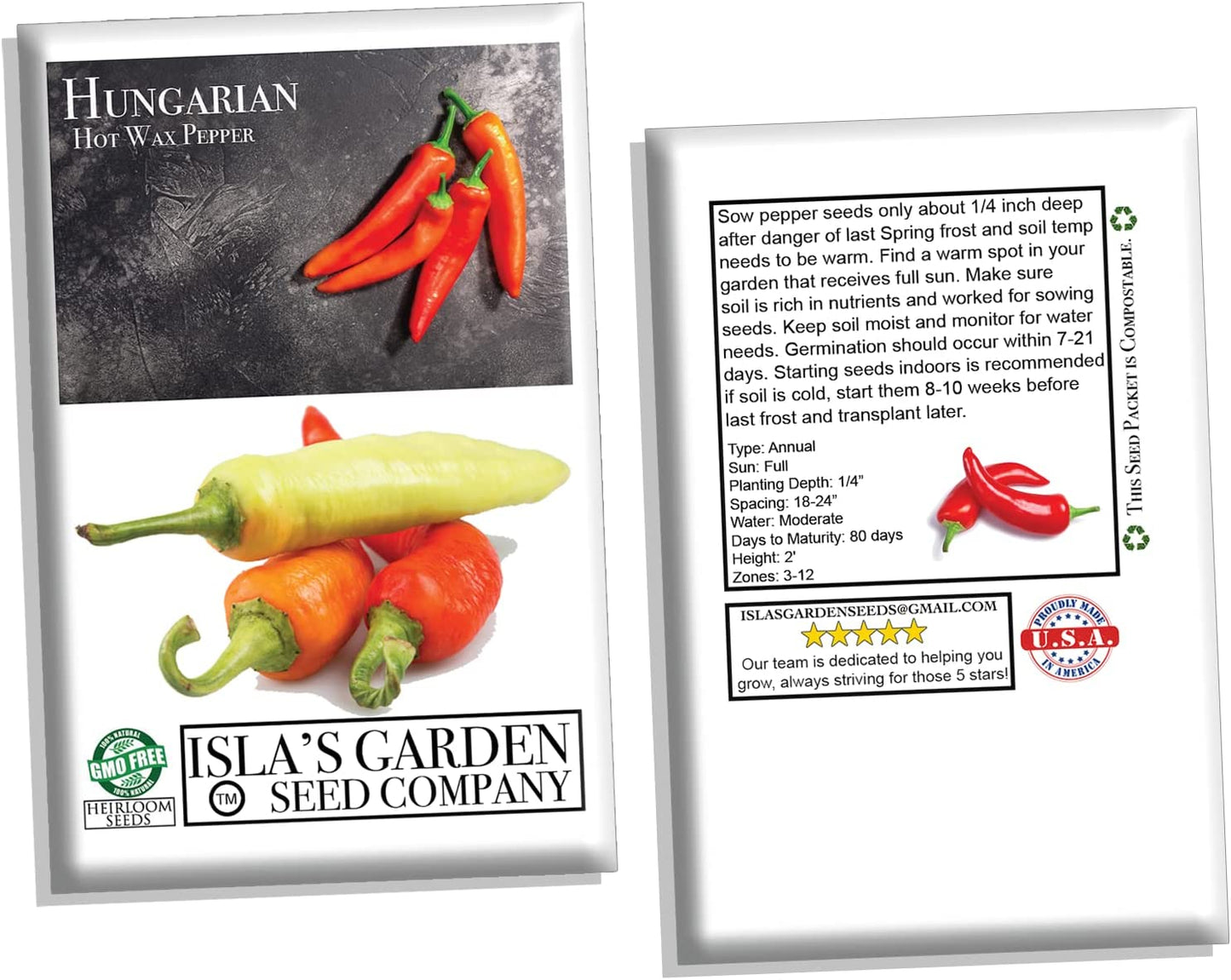 Hungarian Hot Pepper Seeds, 100 Heirloom Seeds Per Packet, Non GMO Seeds