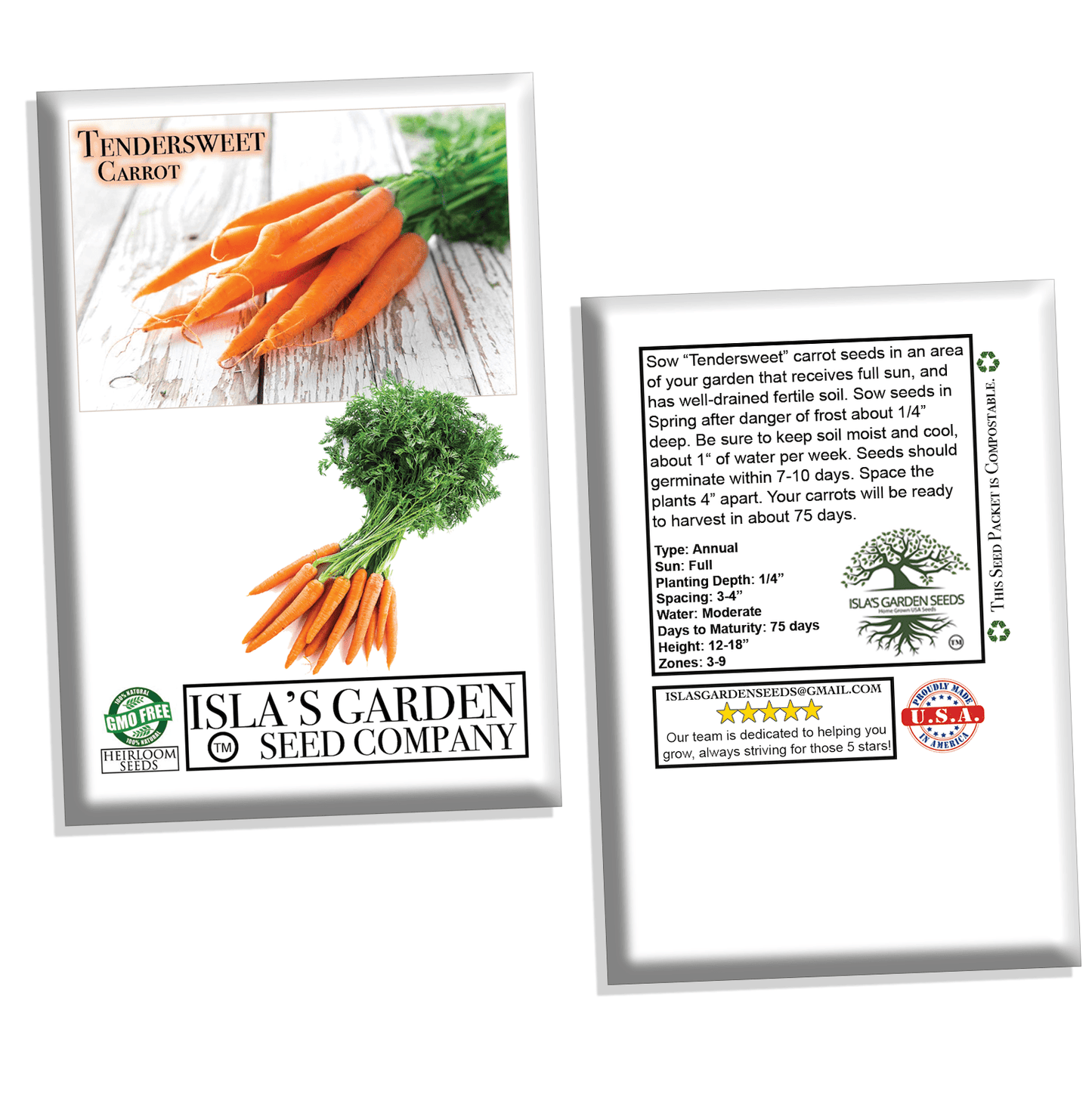 Tendersweet Carrot Seeds, 1200+ Heirloom Seeds Per Packet, Non GMO Seeds, Botanical Name: Daucus Carrota