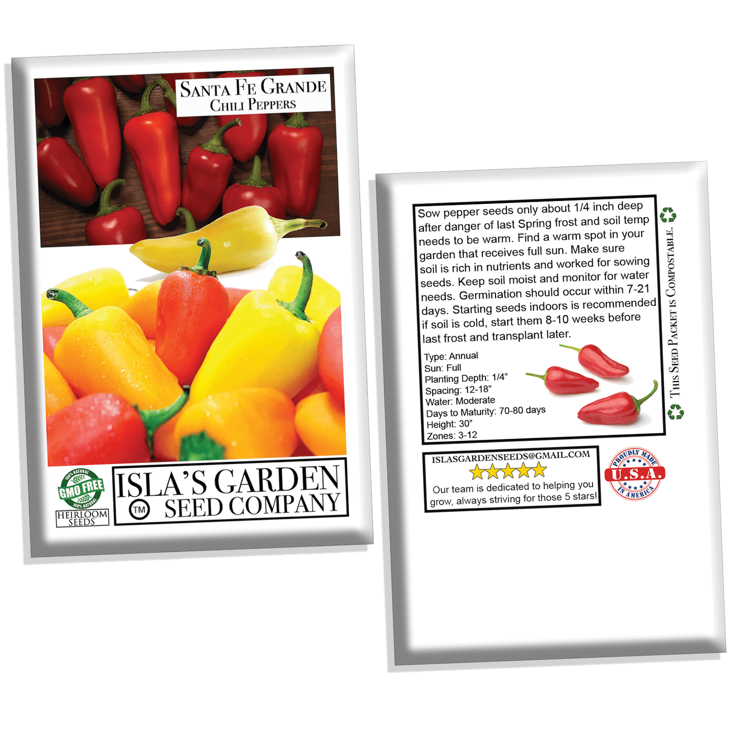 Santa Fe Grande Hot Pepper Seeds, 50+ Heirloom Seeds Per Packet, Non GMO Seeds