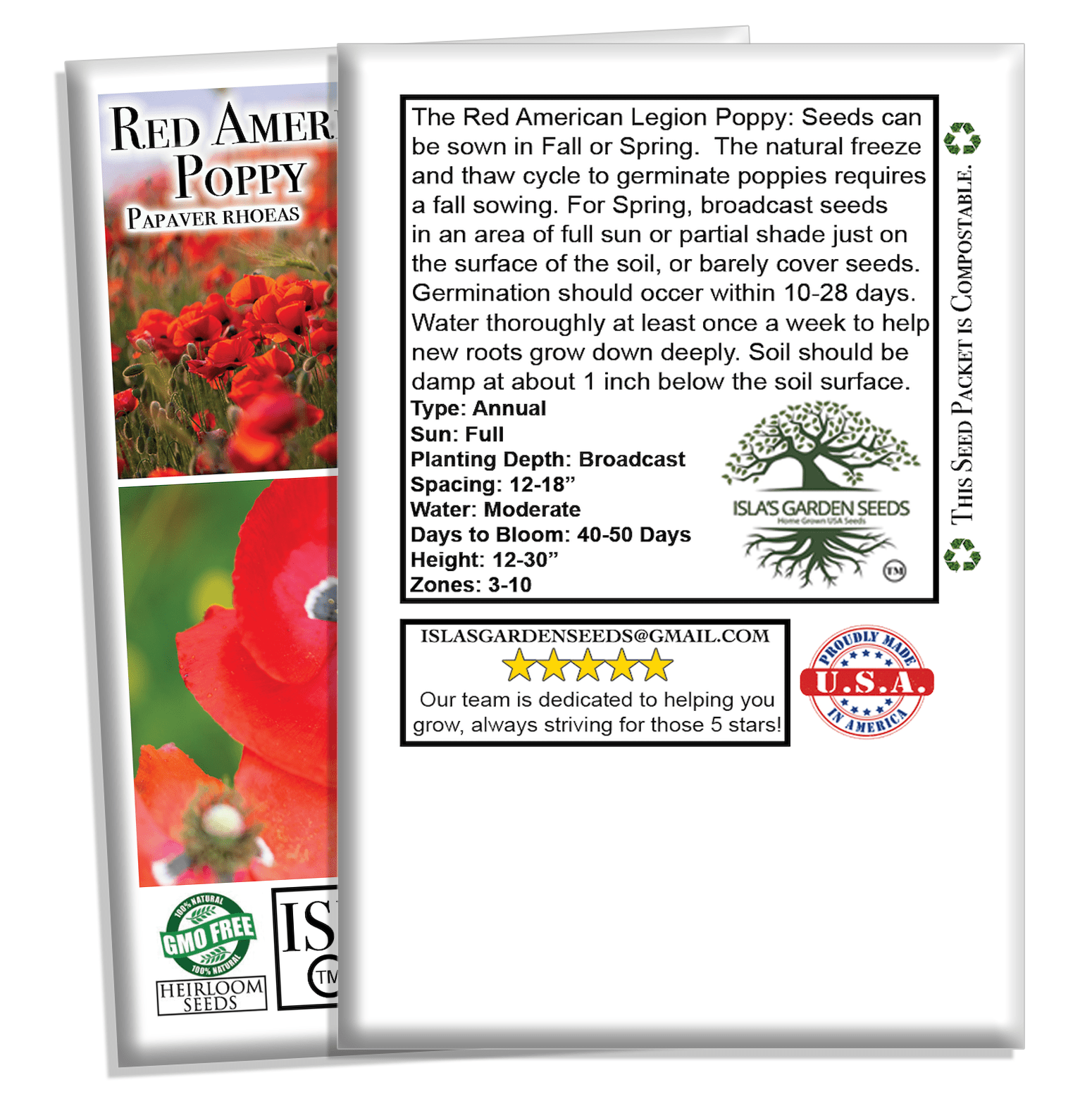 american garden seeds Red American Legion Poppy Seeds, 3000 Heirloom Flower Seeds Per Packet, Non GMO Seeds, Isla's Garden Seeds