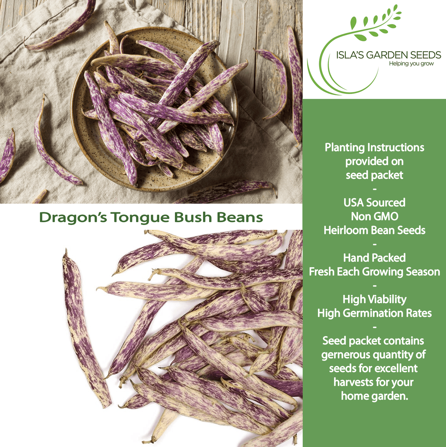 Dragon's Tongue Bush Bean Dragon Langerie , 25 Heirloom Seeds Per Packet, Non GMO Seeds