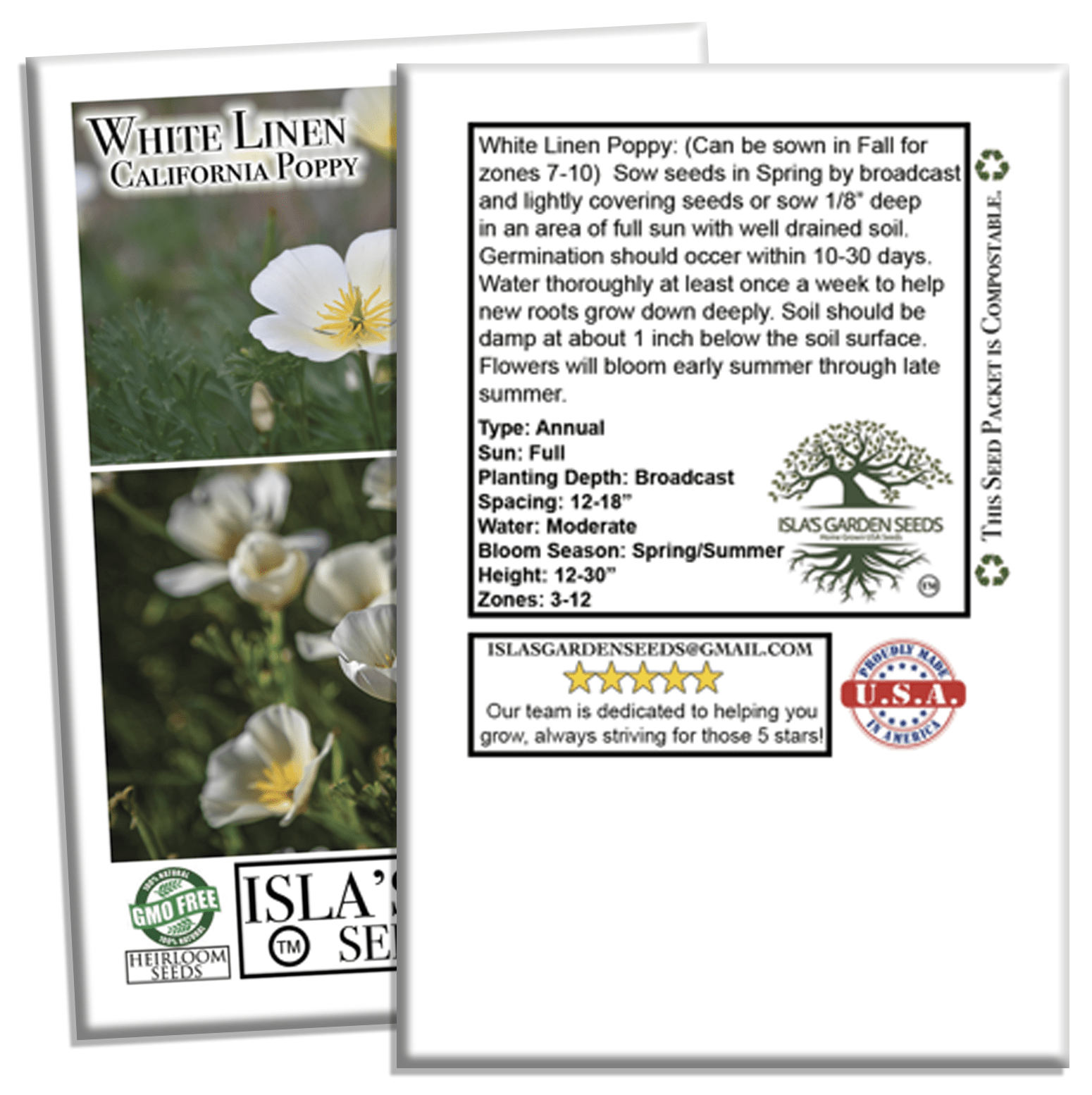 california flower seeds White Linen California Poppy Flower Seeds, 1500 Heirloom Seeds Per Packet, Non GMO Seeds