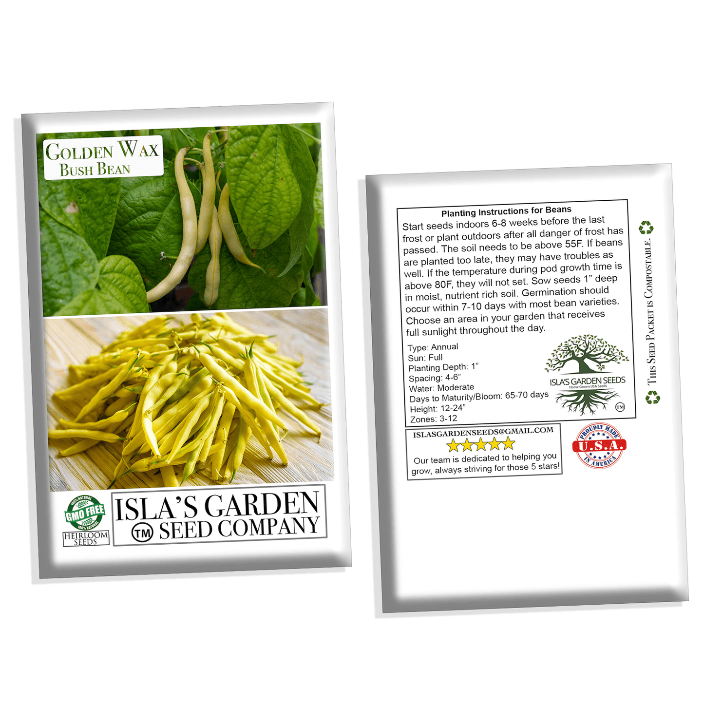 Golden Wax Bush Bean Seeds, 30 Heirloom Seeds Per Packet, Non GMO Seeds