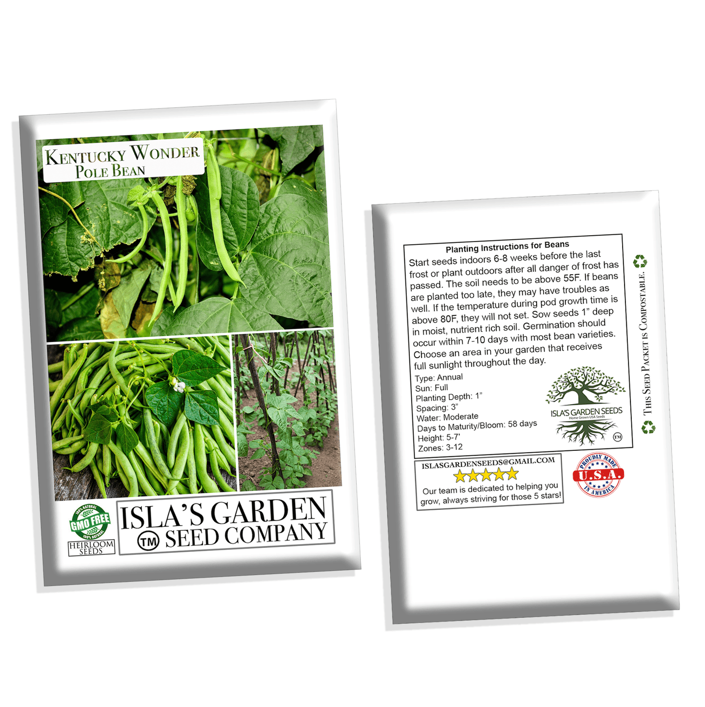 Kentucky Wonder Pole Bean Seeds, 30 Heirloom Seeds Per Packet, Non GMO Seeds