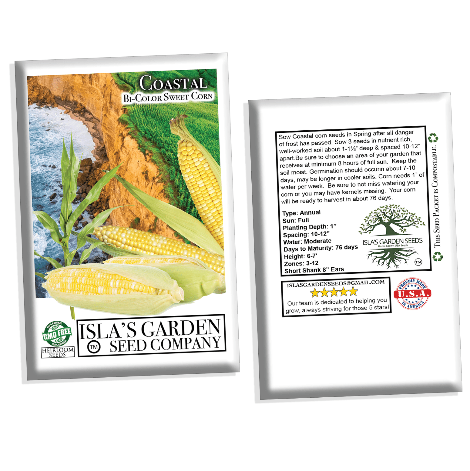"Coastal" Bi-Color Sweet Corn Seeds, 50+ Seeds Per Packet, Non GMO Seeds, Botanical Name: Zea mays