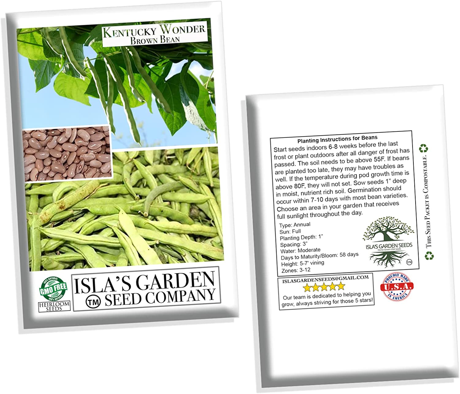 Kentucky Wonder Brown Pole Bean Seeds, 30 Heirloom Seeds Per Packet, Non GMO Seeds