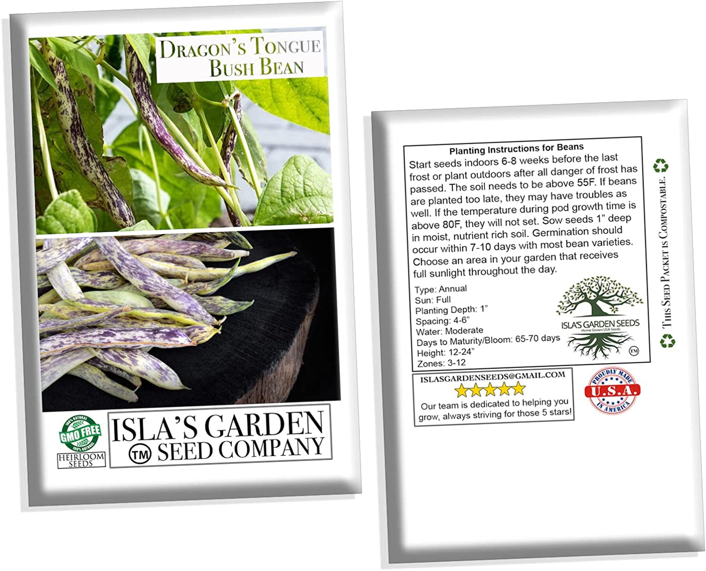 Dragon's Tongue Bush Bean Dragon Langerie , 25 Heirloom Seeds Per Packet, Non GMO Seeds