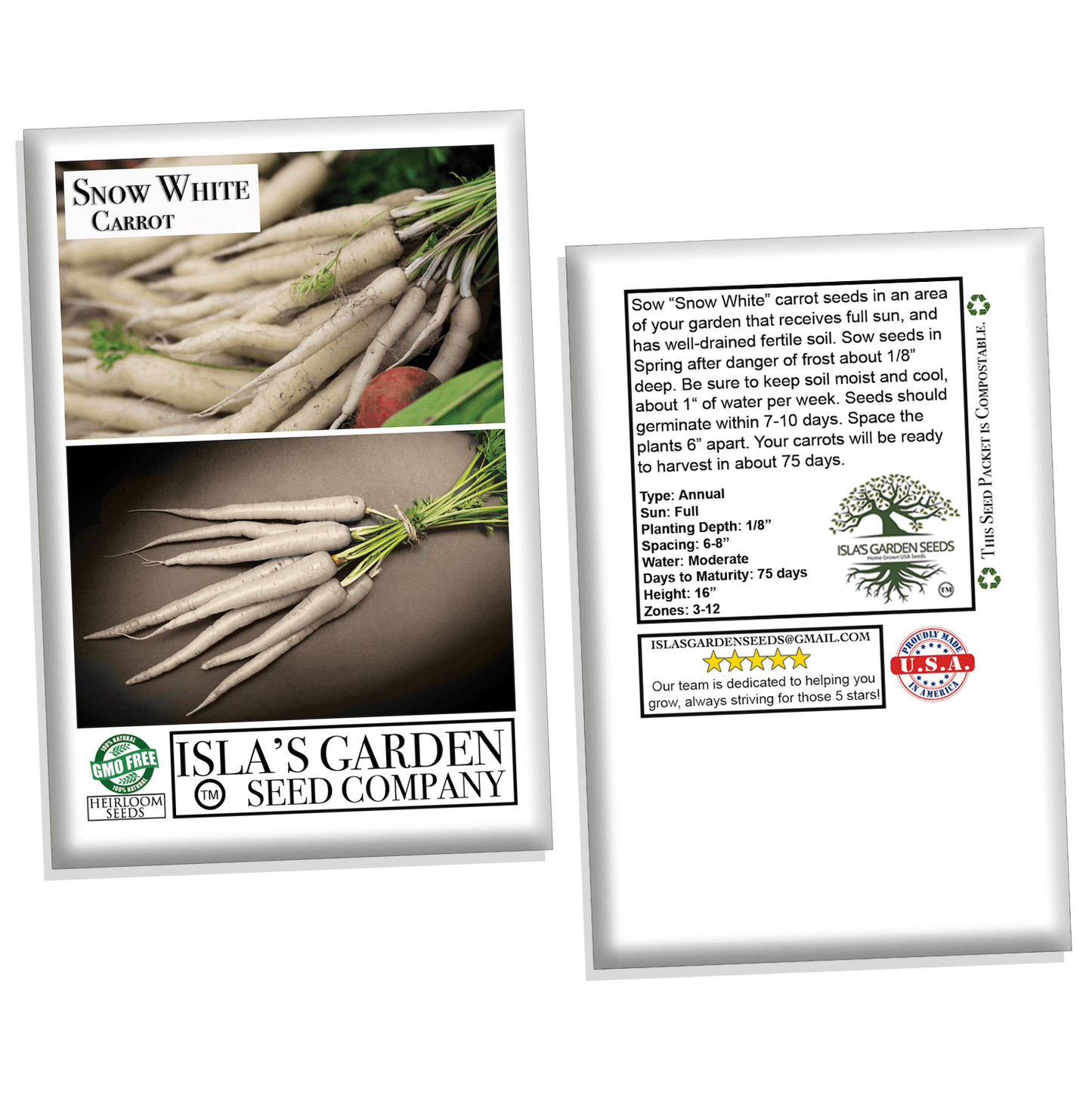 Snow White Carrot Seeds, 350 Heirloom Seeds Per Packet, Non GMO Seeds, Botanical Name: Daucus carota subsp. sativus